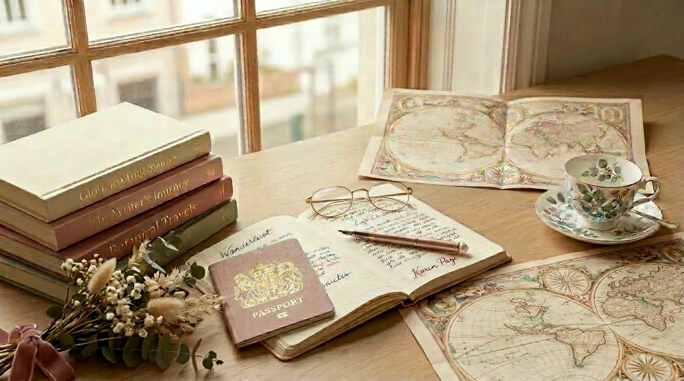 Writing desk with books, passport, map, and pen